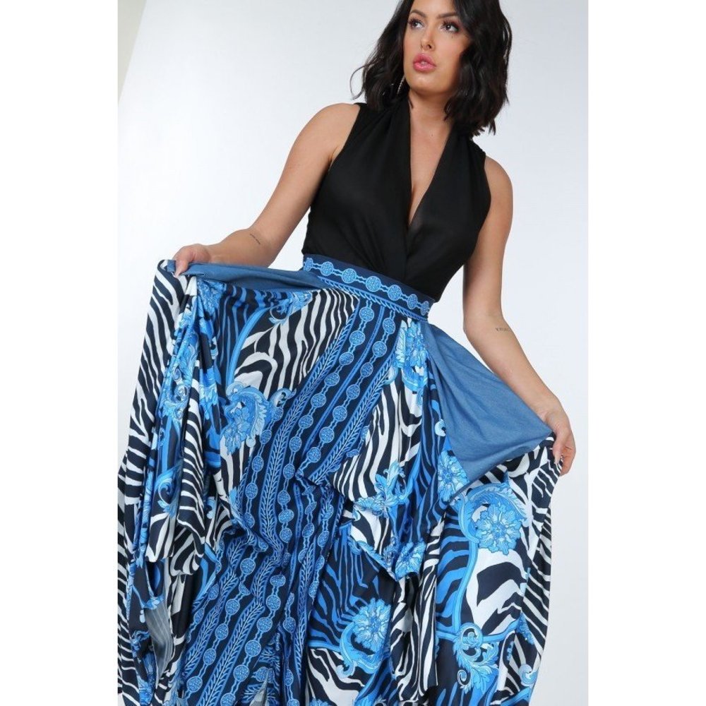 Animal Chain Print Denim Tacked Maxi Skirt In Black Gold - Picture 2 of 6